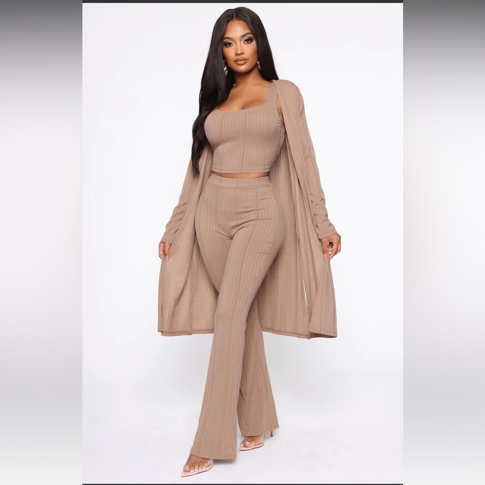 Tan Taupe Khaki Mocha 3 piece Cardigan Flare Pants Set